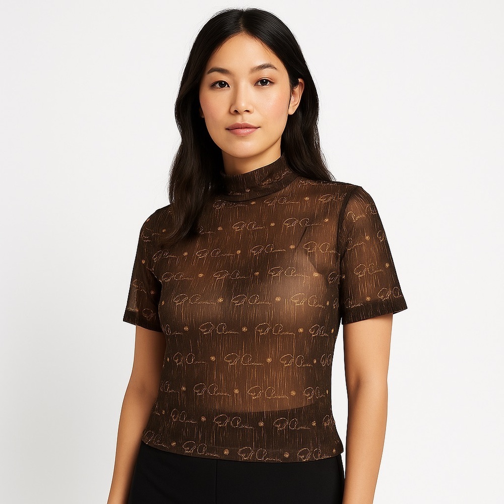Eah Chanie beaded sheer top stretchy short sleeves brown gold XL rhinestones